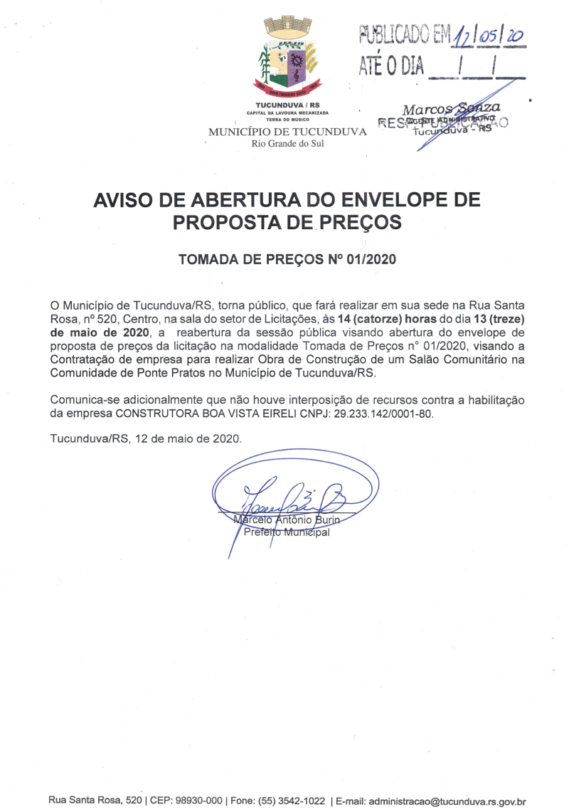 TMP 01/2020 AVISO DE ABERTURA DO ENVELOPE DE PROPOSTA DE PREÇOS